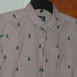 PLACE Holiday Button Up Red White Striped Shirt with Green Christmas Trees XL 14